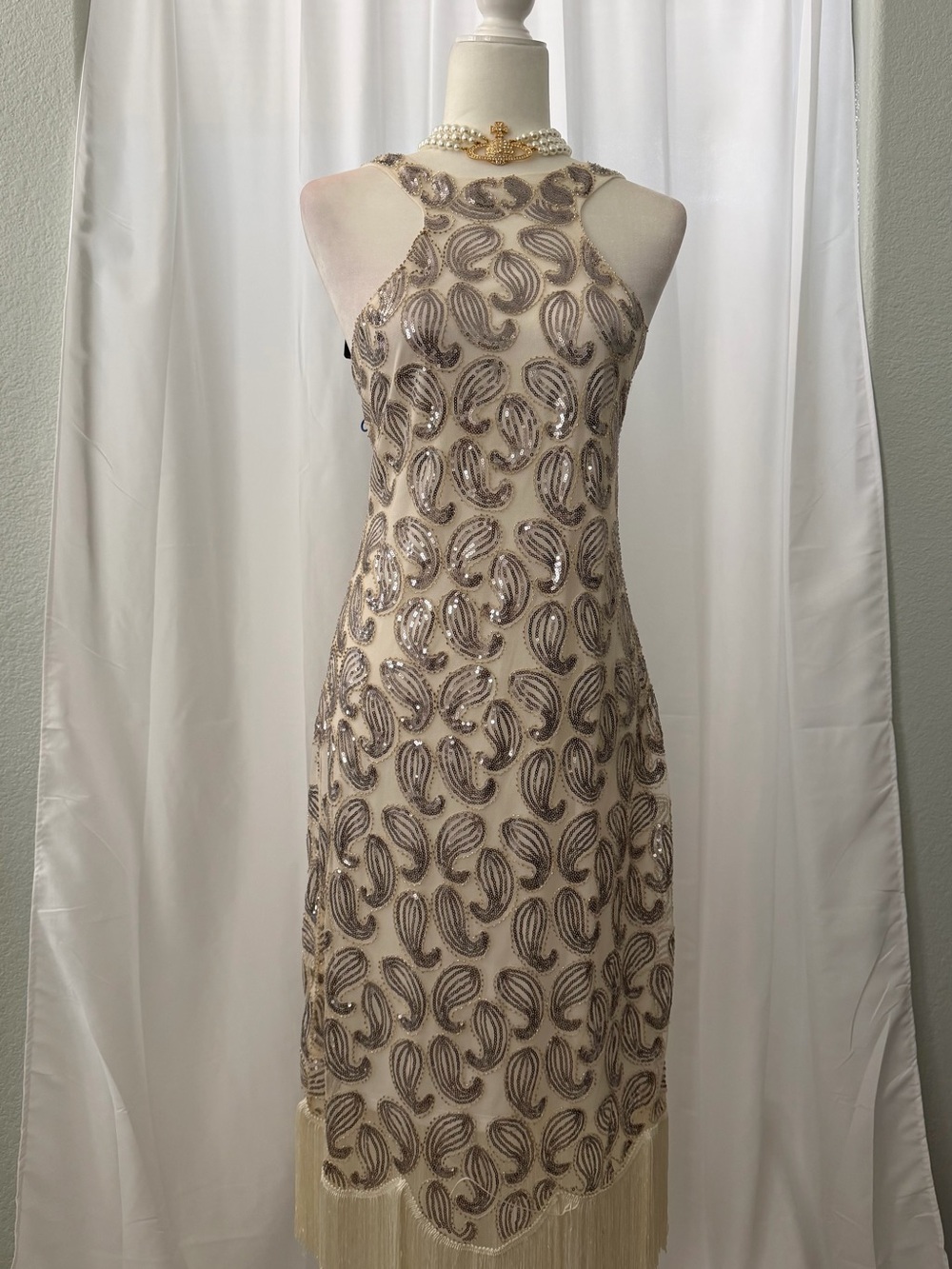 Vijiv 1920s Flapper Sequins Paisley Fringe Dress Gatsby NWT